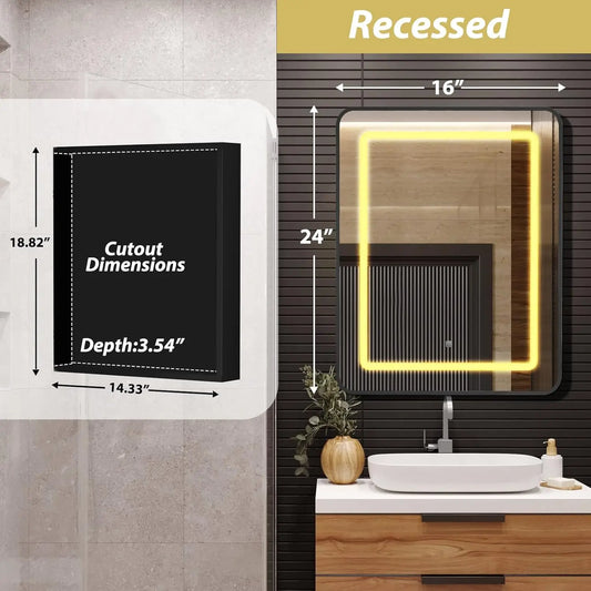 Inch Black Bathroom Medicine Cabinet with Mirror, Recessed or Surface Lighted Medicine Cabinet with 3 Colors Temperature, Dimmab