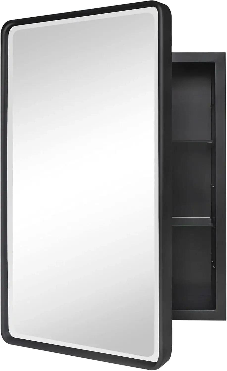 Farmhouse Black Metal Framed Recessed Bathroom Medicine Cabinet with Beveled Mirror Rounded Rectangle Bathroom Medicine C