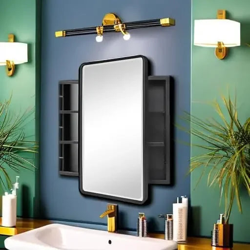 Farmhouse Black Metal Framed Recessed Bathroom Medicine Cabinet with Beveled Mirror Rounded Rectangle Bathroom Medicine C